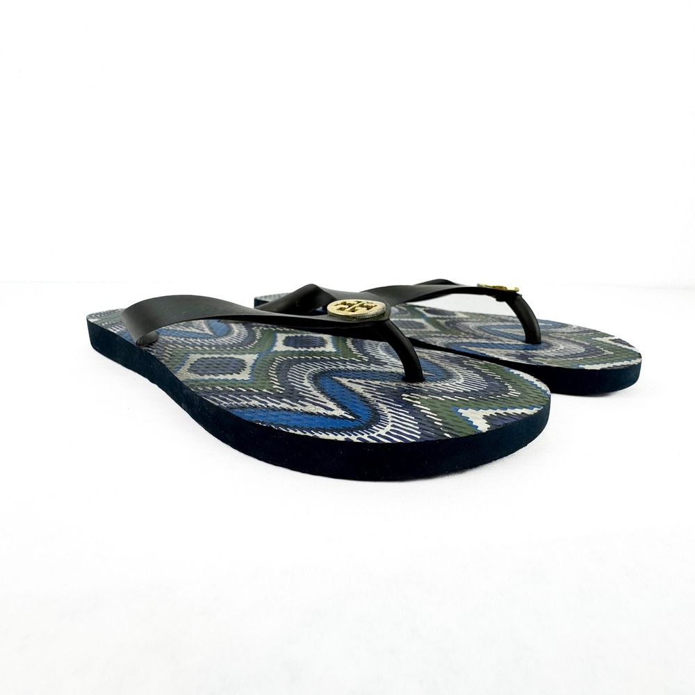 Tory Burch Blue Green Geometric Ikat Print Flip Flop  Gold Logo Size 7/7.5